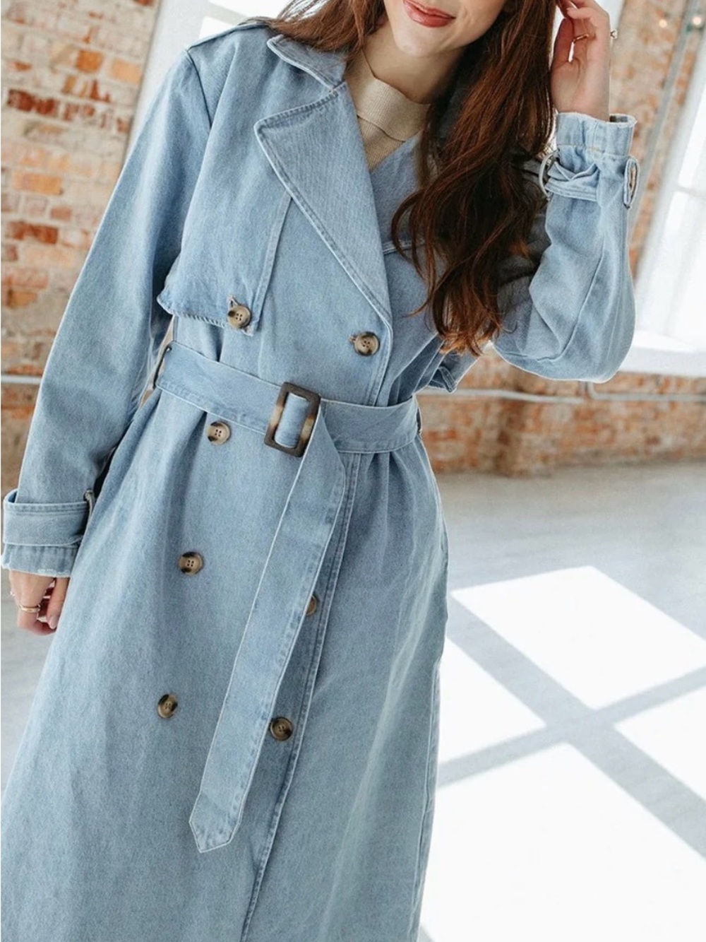 Light Blue Denim Trench Coat with Belt - Women's Classic Trench